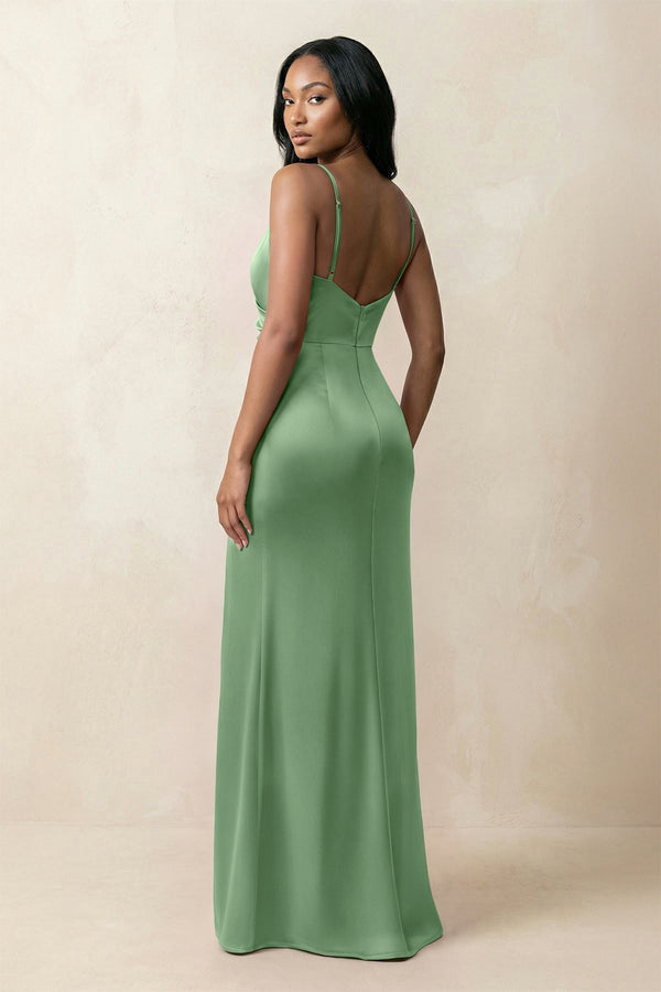 Spaghetti Strap Sheath Satin Ruched Bridesmaid Dress in Matcha - KissProm Bridesmaid Dresses