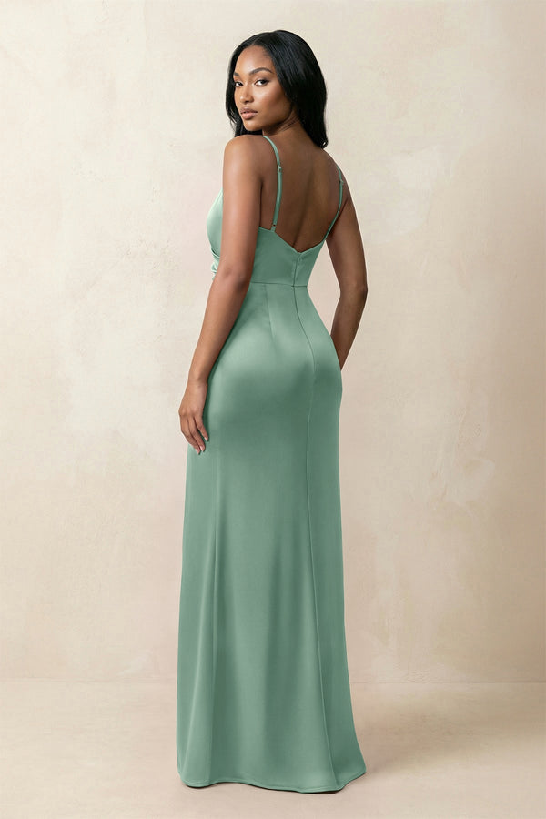 Spaghetti Strap Sheath Satin Ruched Bridesmaid Dress in Mint Green - KissProm Bridesmaid Dresses