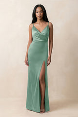 Spaghetti Strap Sheath Satin Ruched Bridesmaid Dress in Mint Green - KissProm Bridesmaid Dresses
