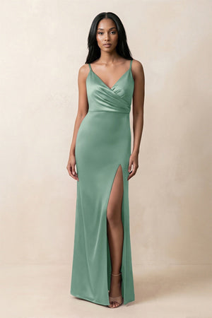 Spaghetti Strap Sheath Satin Ruched Bridesmaid Dress in Mint Green - KissProm Bridesmaid Dresses