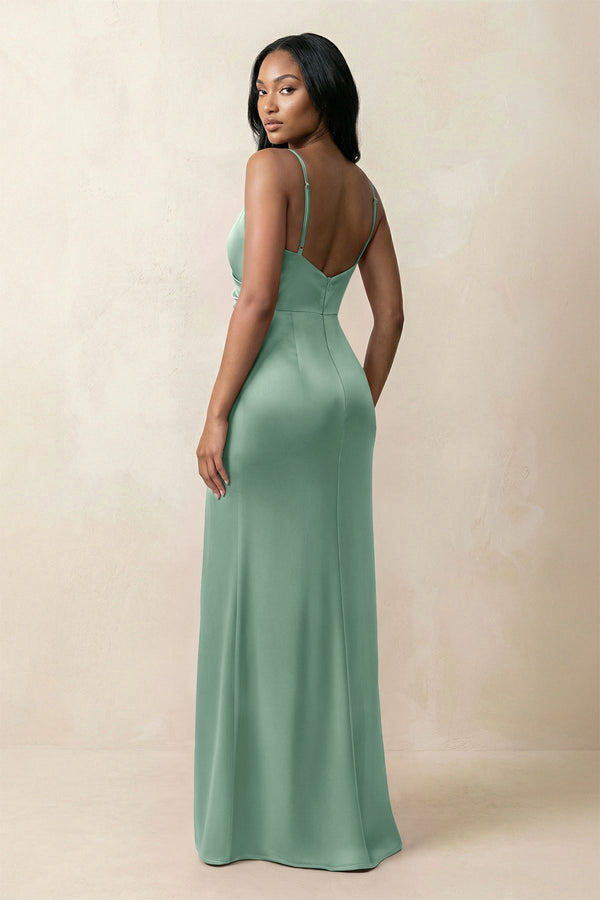 Spaghetti Strap Sheath Satin Ruched Bridesmaid Dress in Mint Green - KissProm Bridesmaid Dresses