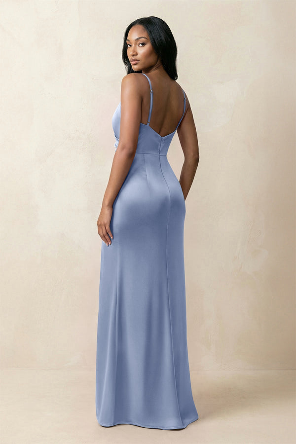Spaghetti Strap Sheath Satin Ruched Bridesmaid Dress in Mist - KissProm Bridesmaid Dresses