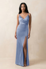Spaghetti Strap Sheath Satin Ruched Bridesmaid Dress in Mist - KissProm Bridesmaid Dresses