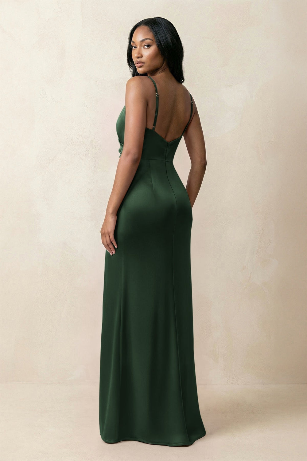 Spaghetti Strap Sheath Satin Ruched Bridesmaid Dress in Moss - KissProm Bridesmaid Dresses