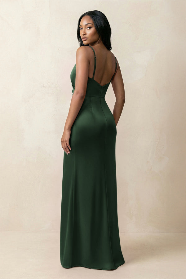 Spaghetti Strap Sheath Satin Ruched Bridesmaid Dress in Moss - KissProm Bridesmaid Dresses