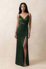 Spaghetti Strap Sheath Satin Ruched Bridesmaid Dress in Moss - KissProm Bridesmaid Dresses