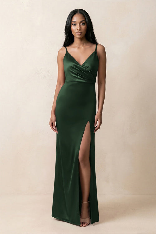 Spaghetti Strap Sheath Satin Ruched Bridesmaid Dress in Moss - KissProm Bridesmaid Dresses