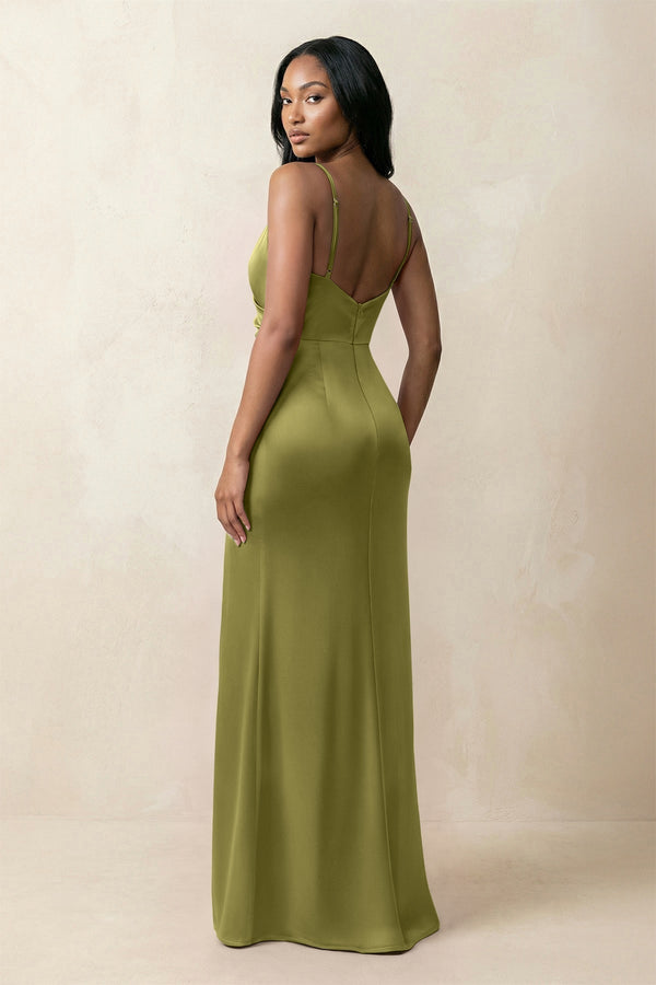 Spaghetti Strap Sheath Satin Ruched Bridesmaid Dress in Moss Green - KissProm Bridesmaid Dresses