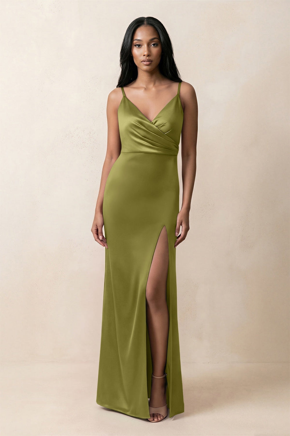 Spaghetti Strap Sheath Satin Ruched Bridesmaid Dress in Moss Green - KissProm Bridesmaid Dresses
