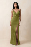 Spaghetti Strap Sheath Satin Ruched Bridesmaid Dress in Moss Green - KissProm Bridesmaid Dresses