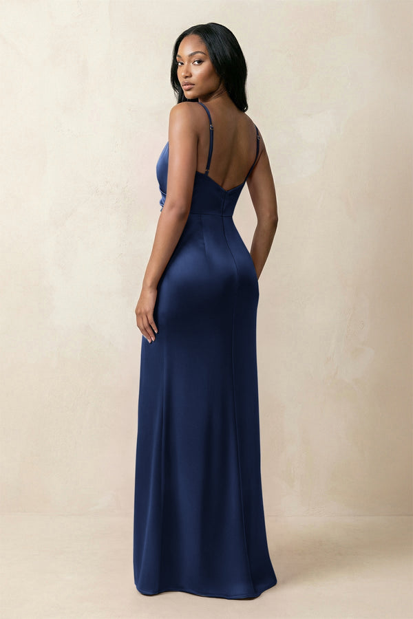 Spaghetti Strap Sheath Satin Ruched Bridesmaid Dress in Navy - KissProm Bridesmaid Dresses
