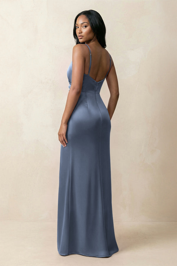Spaghetti Strap Sheath Satin Ruched Bridesmaid Dress in Neptune - KissProm Bridesmaid Dresses