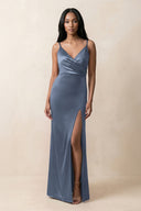 Spaghetti Strap Sheath Satin Ruched Bridesmaid Dress in Neptune - KissProm Bridesmaid Dresses