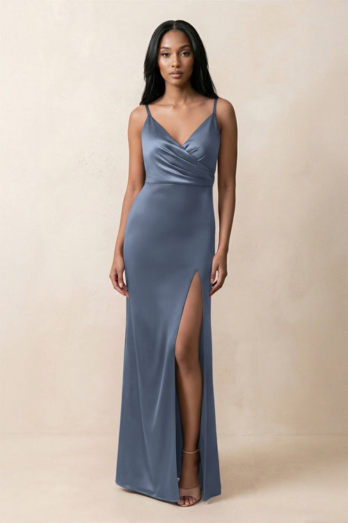 Spaghetti Strap Sheath Satin Ruched Bridesmaid Dress in Neptune - KissProm Bridesmaid Dresses
