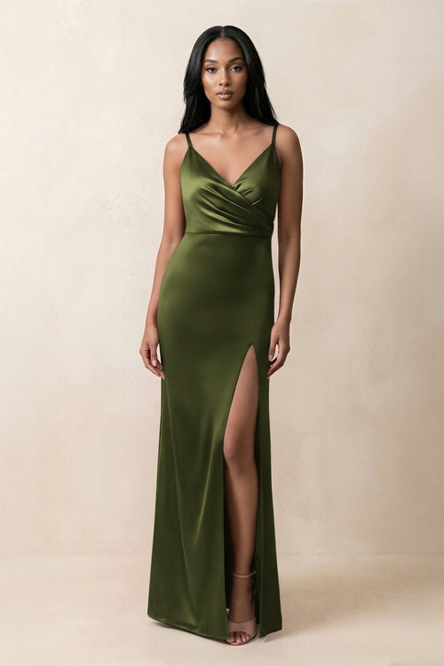 Spaghetti Strap Sheath Satin Ruched Bridesmaid Dress in Olive - KissProm Bridesmaid Dresses