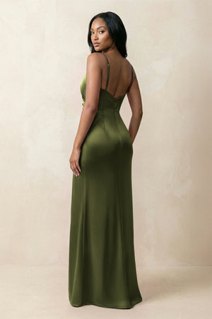 Spaghetti Strap Sheath Satin Ruched Bridesmaid Dress in Olive - KissProm Bridesmaid Dresses