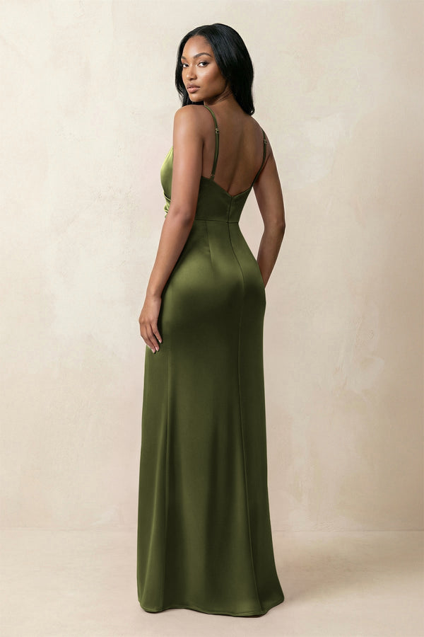 Spaghetti Strap Sheath Satin Ruched Bridesmaid Dress in Olive - KissProm Bridesmaid Dresses