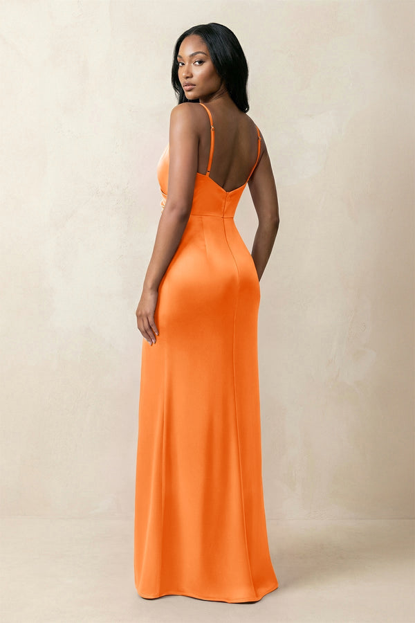 Spaghetti Strap Sheath Satin Ruched Bridesmaid Dress in Orange - KissProm Bridesmaid Dresses