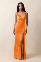 Spaghetti Strap Sheath Satin Ruched Bridesmaid Dress in Orange - KissProm Bridesmaid Dresses