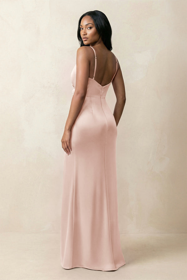 Spaghetti Strap Sheath Satin Ruched Bridesmaid Dress in Pale Blush - KissProm Bridesmaid Dresses
