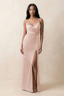 Spaghetti Strap Sheath Satin Ruched Bridesmaid Dress in Pale Blush - KissProm Bridesmaid Dresses