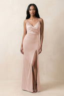 Spaghetti Strap Sheath Satin Ruched Bridesmaid Dress in Pale Blush - KissProm Bridesmaid Dresses