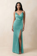 Spaghetti Strap Sheath Satin Ruched Bridesmaid Dress in Pale Pistachio - KissProm Bridesmaid Dresses