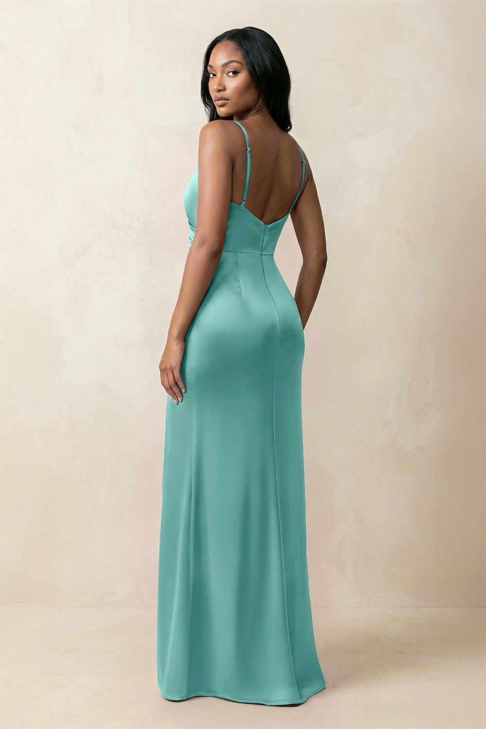 Spaghetti Strap Sheath Satin Ruched Bridesmaid Dress in Pale Pistachio - KissProm Bridesmaid Dresses