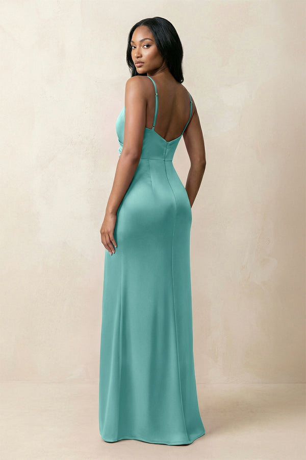 Spaghetti Strap Sheath Satin Ruched Bridesmaid Dress in Pale Pistachio - KissProm Bridesmaid Dresses