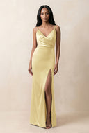 Spaghetti Strap Sheath Satin Ruched Bridesmaid Dress in Pastel Yellow - KissProm Bridesmaid Dresses