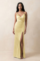 Spaghetti Strap Sheath Satin Ruched Bridesmaid Dress in Pastel Yellow - KissProm Bridesmaid Dresses