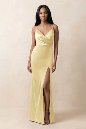Spaghetti Strap Sheath Satin Ruched Bridesmaid Dress in Pastel Yellow - KissProm Bridesmaid Dresses