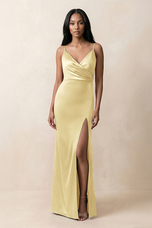 Spaghetti Strap Sheath Satin Ruched Bridesmaid Dress in Pastel Yellow - KissProm Bridesmaid Dresses