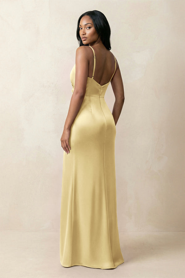 Spaghetti Strap Sheath Satin Ruched Bridesmaid Dress in Pastel Yellow - KissProm Bridesmaid Dresses
