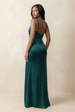 Spaghetti Strap Sheath Satin Ruched Bridesmaid Dress in Pine - KissProm Bridesmaid Dresses