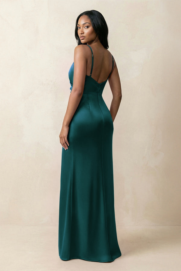 Spaghetti Strap Sheath Satin Ruched Bridesmaid Dress in Pine - KissProm Bridesmaid Dresses