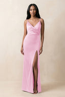 Spaghetti Strap Sheath Satin Ruched Bridesmaid Dress in Pink - KissProm Bridesmaid Dresses