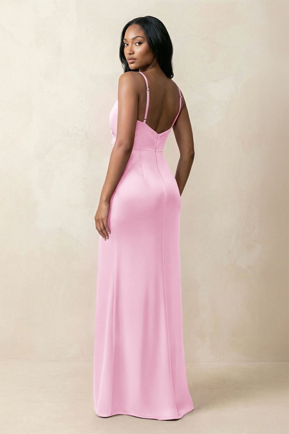 Spaghetti Strap Sheath Satin Ruched Bridesmaid Dress in Pink - KissProm Bridesmaid Dresses