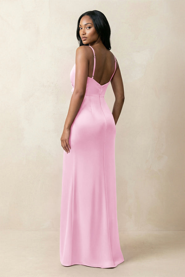 Spaghetti Strap Sheath Satin Ruched Bridesmaid Dress in Pink - KissProm Bridesmaid Dresses