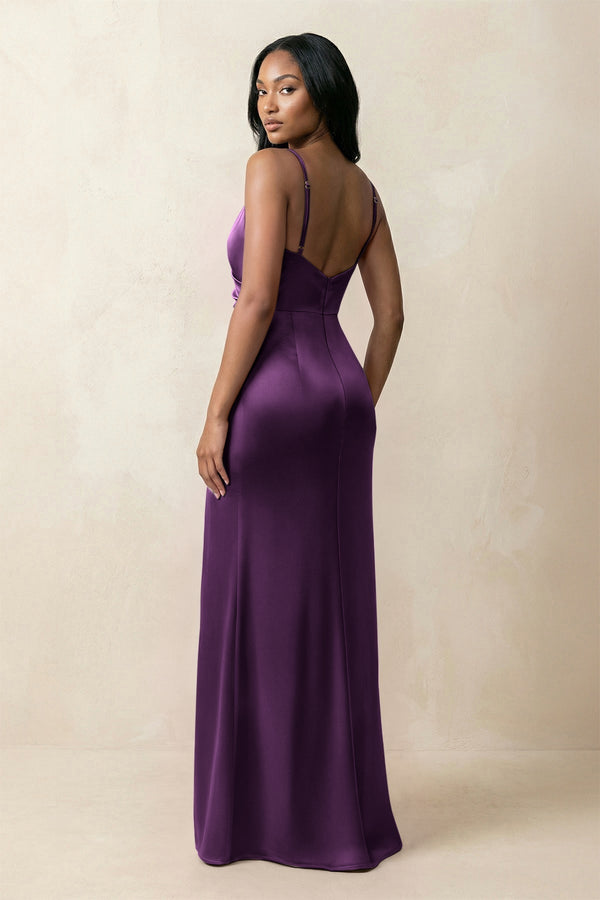 Spaghetti Strap Sheath Satin Ruched Bridesmaid Dress in Plum - KissProm Bridesmaid Dresses