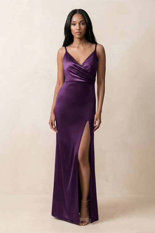 Spaghetti Strap Sheath Satin Ruched Bridesmaid Dress in Plum - KissProm Bridesmaid Dresses