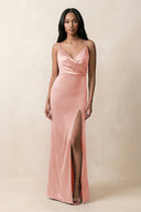 Spaghetti Strap Sheath Satin Ruched Bridesmaid Dress in Rose Petal - KissProm Bridesmaid Dresses