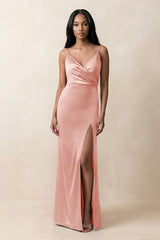 Spaghetti Strap Sheath Satin Ruched Bridesmaid Dress in Rose Petal - KissProm Bridesmaid Dresses