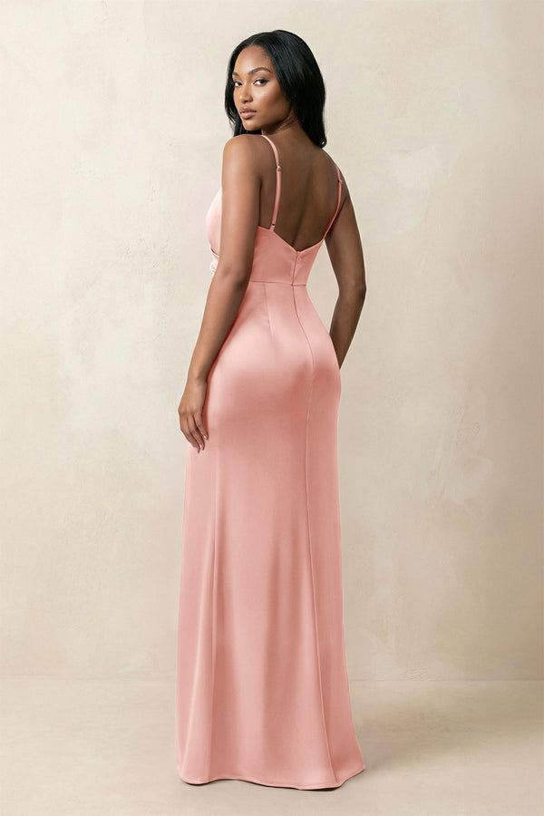 Spaghetti Strap Sheath Satin Ruched Bridesmaid Dress in Rose Petal - KissProm Bridesmaid Dresses