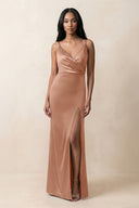 Spaghetti Strap Sheath Satin Ruched Bridesmaid Dress in Rosette - KissProm Bridesmaid Dresses