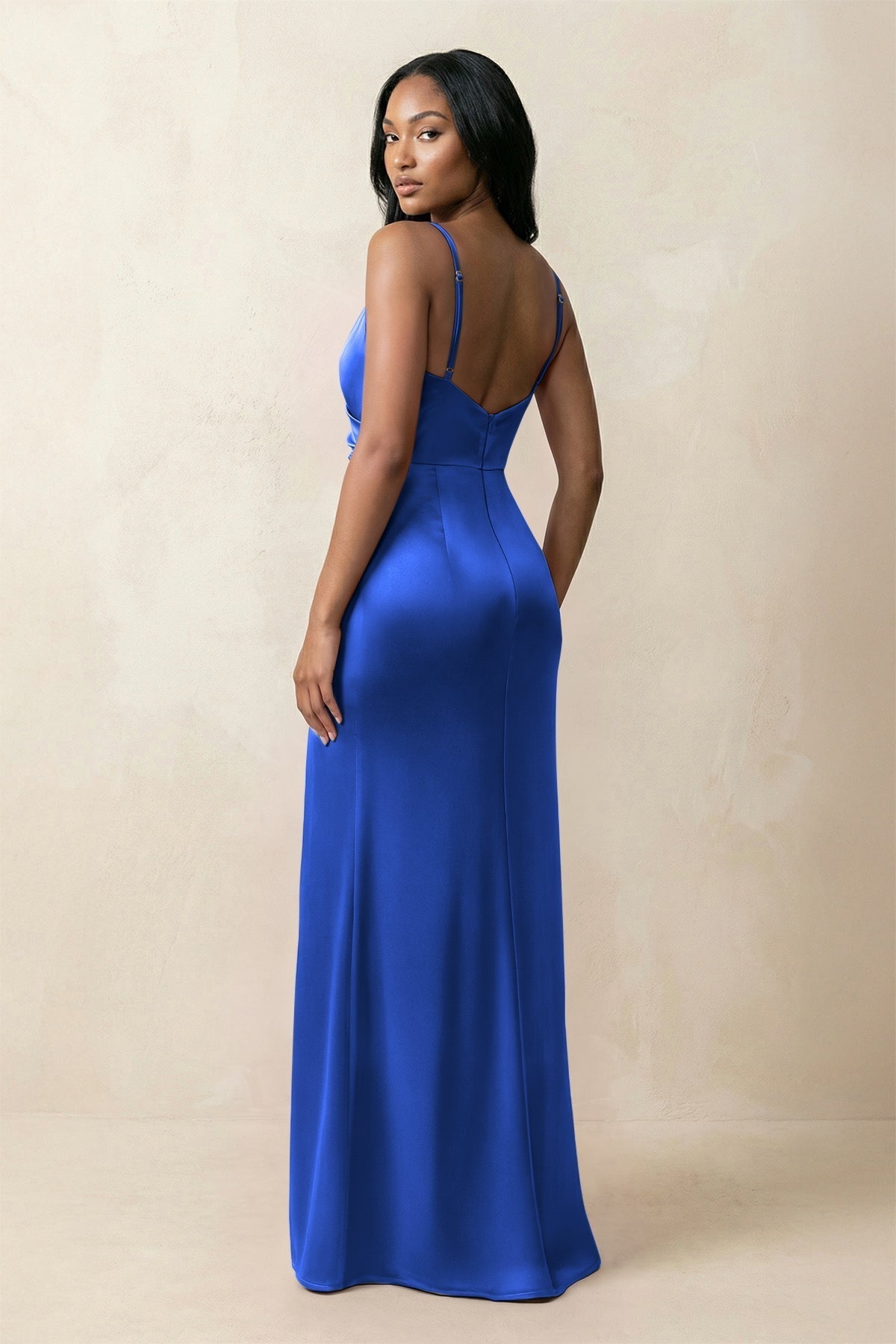 KissProm Spaghetti Strap Sheath Satin Ruched Bridesmaid Dress in Royal Blue, Royal Blue / 16