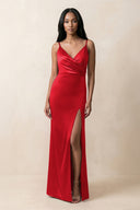 Spaghetti Strap Sheath Satin Ruched Bridesmaid Dress in Ruby Red - KissProm Bridesmaid Dresses