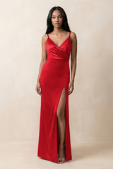Spaghetti Strap Sheath Satin Ruched Bridesmaid Dress in Ruby Red - KissProm Bridesmaid Dresses