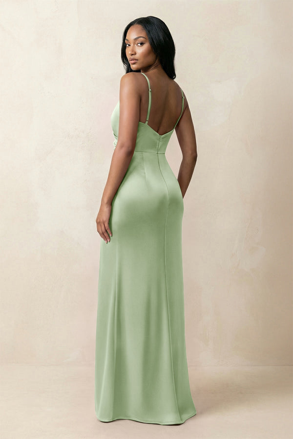 Spaghetti Strap Sheath Satin Ruched Bridesmaid Dress in Sage - KissProm Bridesmaid Dresses