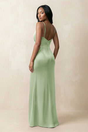 Spaghetti Strap Sheath Satin Ruched Bridesmaid Dress in Sage - KissProm Bridesmaid Dresses